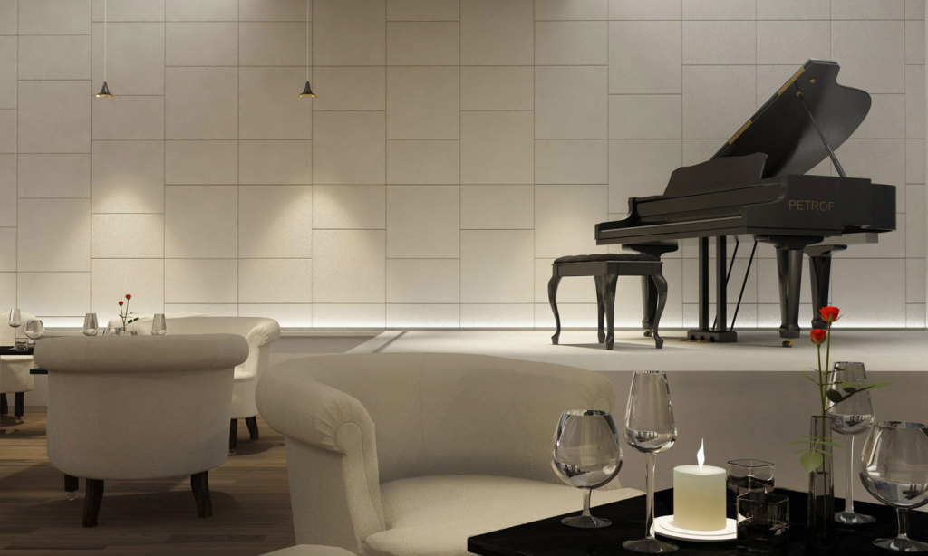 Lapelle Design leather tiles used for their soundproof power in a music hall of an hotel